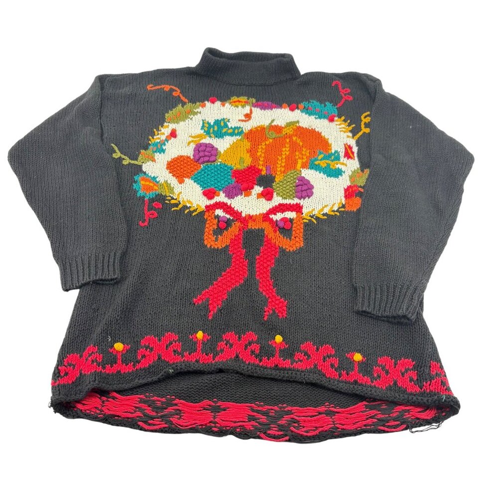 Vintage Colter Bay Black Knit thanksgiving Christmas Sweater Wreath bow sz Large
